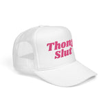 Embroidered Trucker Hat — "Thong Slut" Pink Foam Mesh Cap