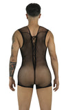 CandyMan 99956 Men's Underwear Sheer Textured Mesh Lace-Up Bodysuit Color Black