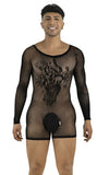 CandyMan 99959 Men's Underwear Bodysuit Alluring Sheer Long Sleeve Color Black