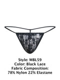 MaleBasics Men's Underwear MBL59 Lace G-String Color Black Lace
